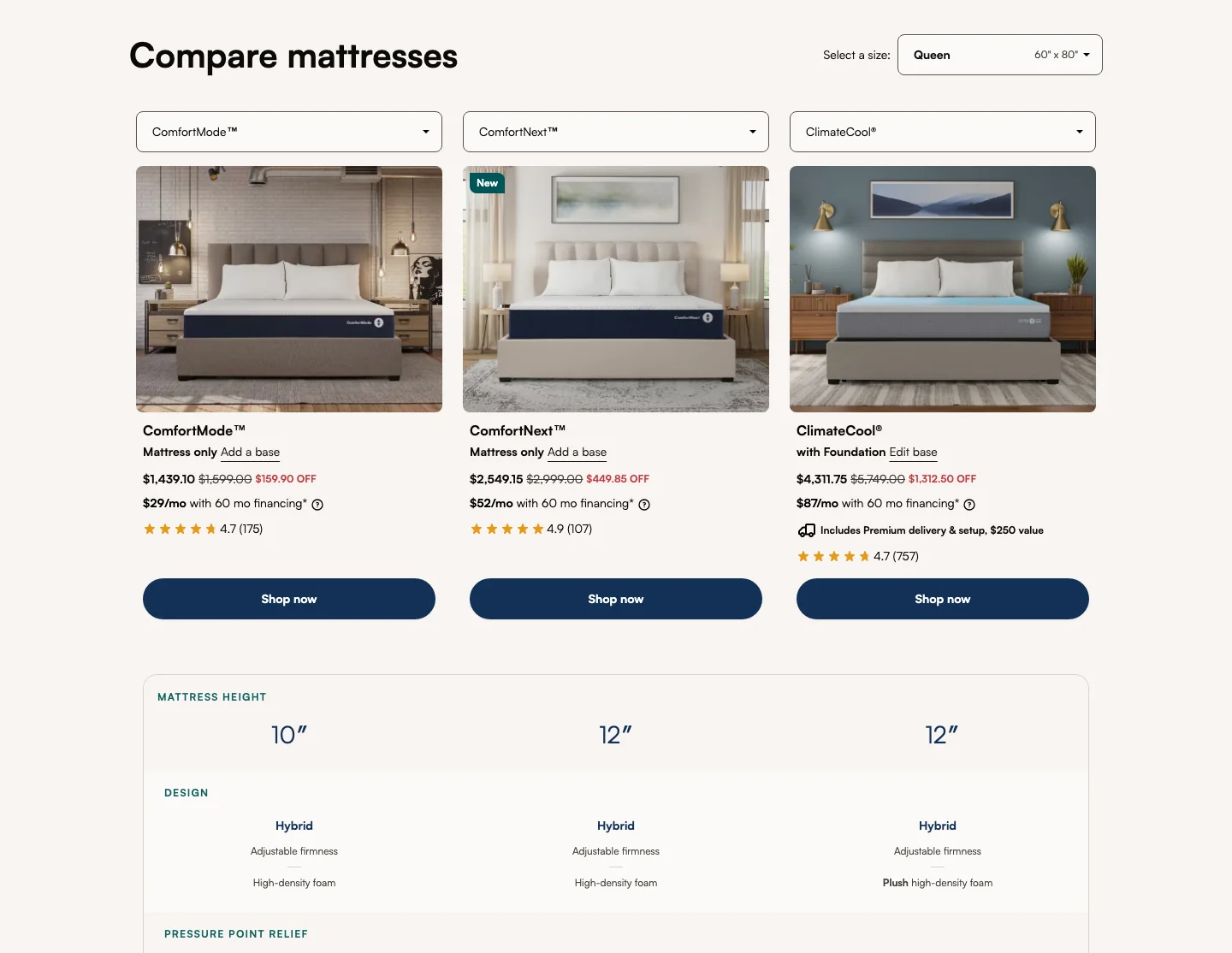 The Sleep Number compare page: three mattresses side by side with a Shop now button each, above a comparison table of height and design