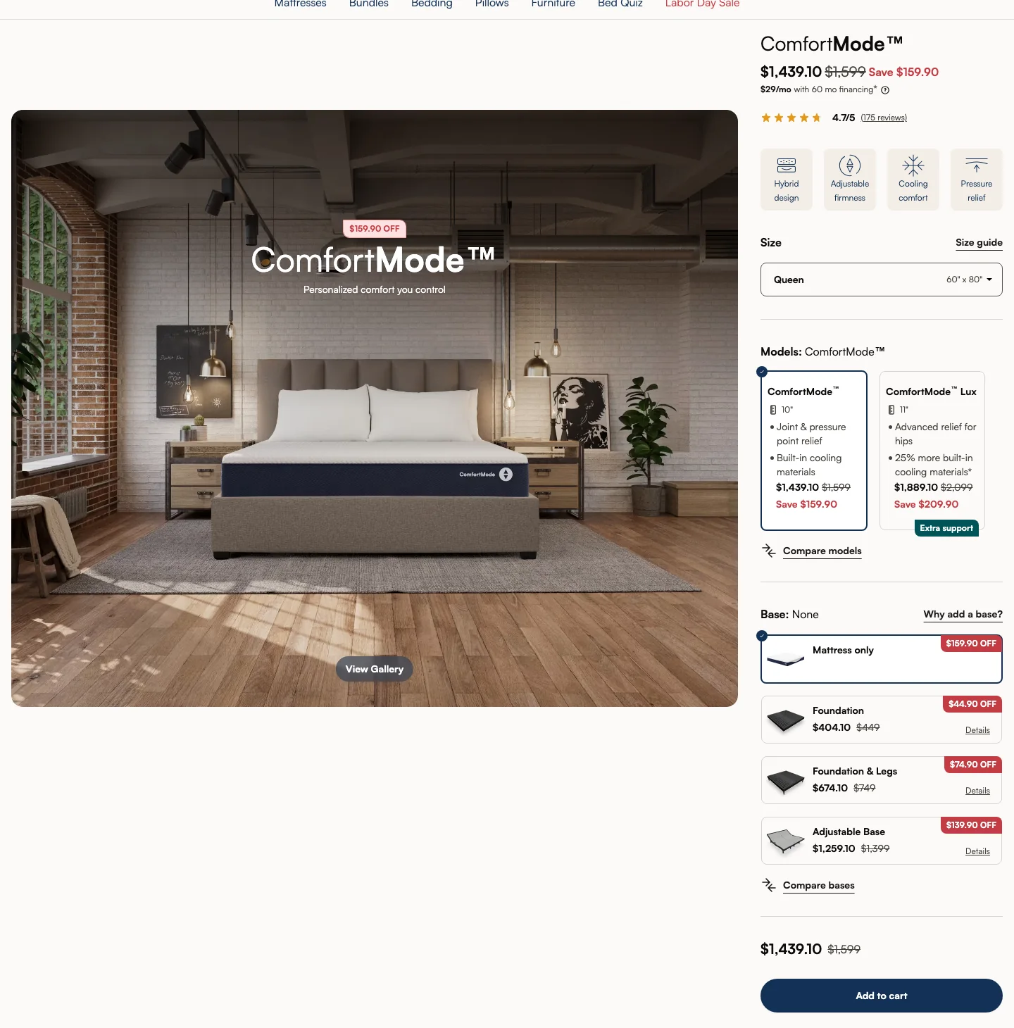 A Sleep Number collection page for ComfortMode: a large bedroom photograph, size and model choices, base options and an Add to cart button