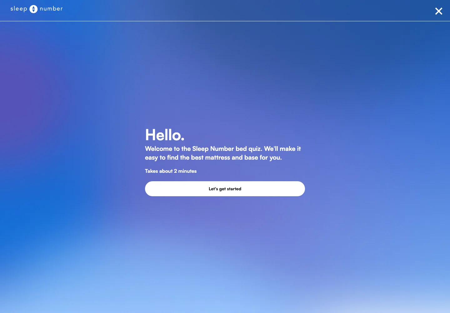 The Sleep Number bed quiz welcome screen on a blue gradient: Hello, a note that it takes about two minutes, and a Let’s get started button