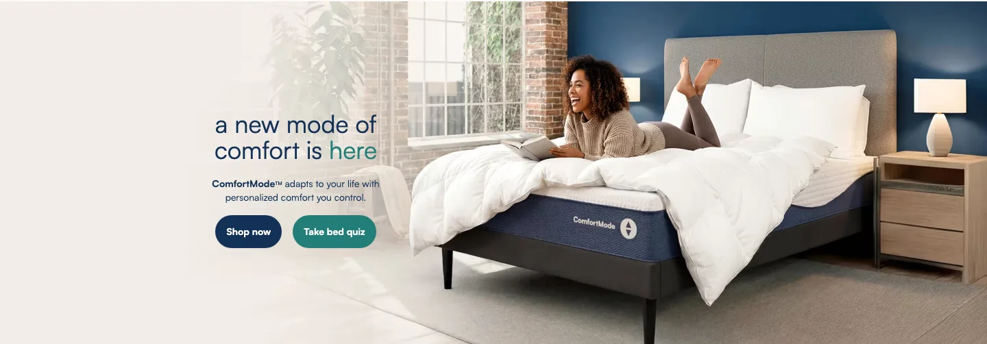 The Sleep Number home page: a smart bed in a bright bedroom beside the line a new mode of comfort is here, with Shop now and Take bed quiz buttons