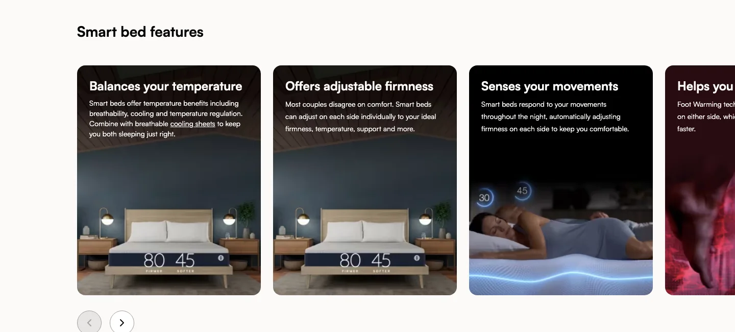 The Sleep Number smart-beds guide: a row of Smart bed features cards, each explaining one feature over a photograph of a bed at night