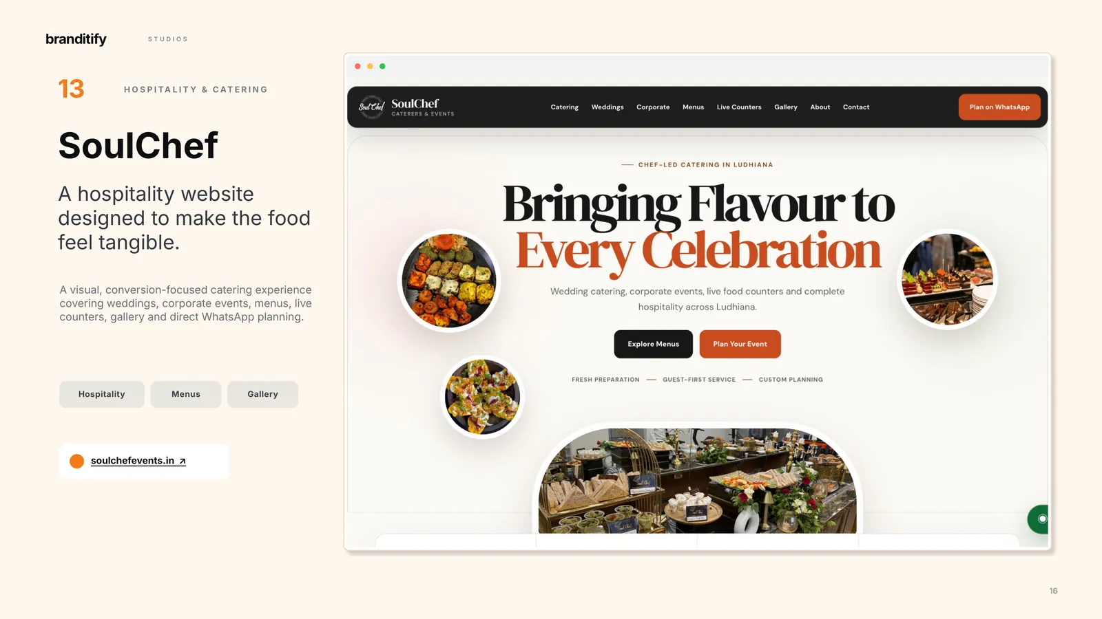 The SoulChef page of Branditify’s 2026 Selected Digital Work: a hospitality website designed to make the food feel tangible, beside the site
