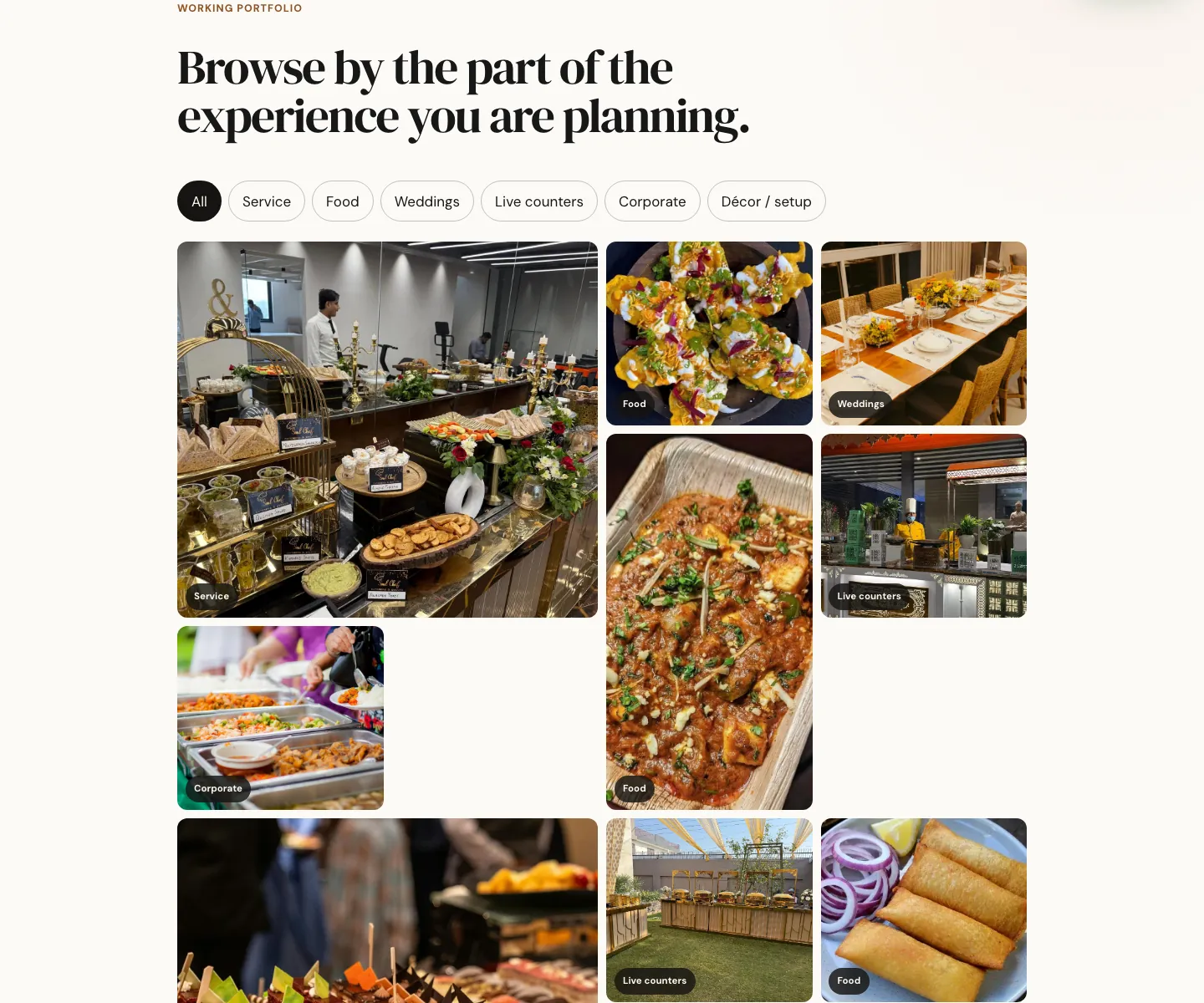The SoulChef gallery: Browse by the part of the experience you are planning, with filters for service, food, weddings, live counters and corporate