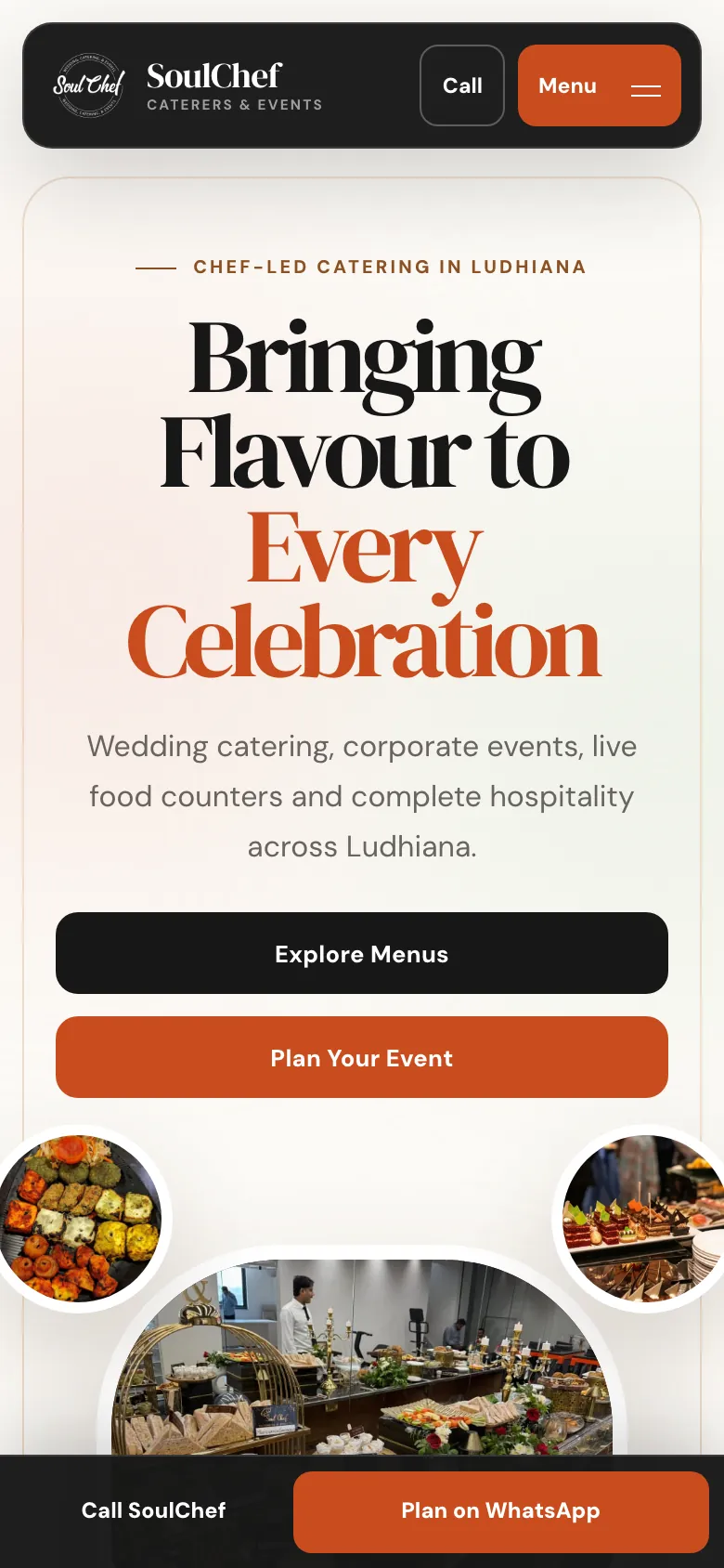 The SoulChef home page on a phone, with Call SoulChef and Plan on WhatsApp buttons fixed along the bottom of the screen