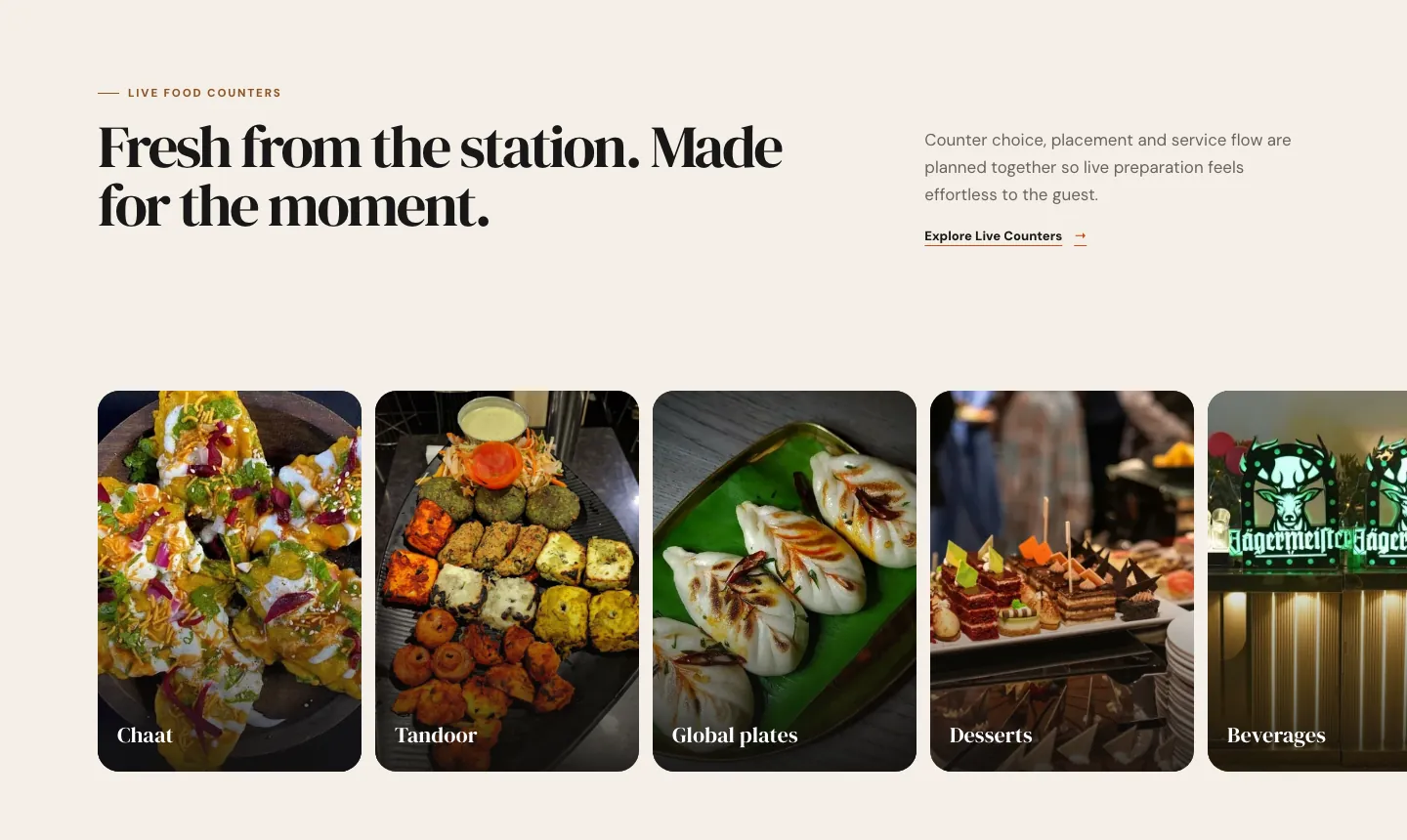 The SoulChef live counters section, Fresh from the station, made for the moment: photos of chaat, tandoor, global plates and dessert counters