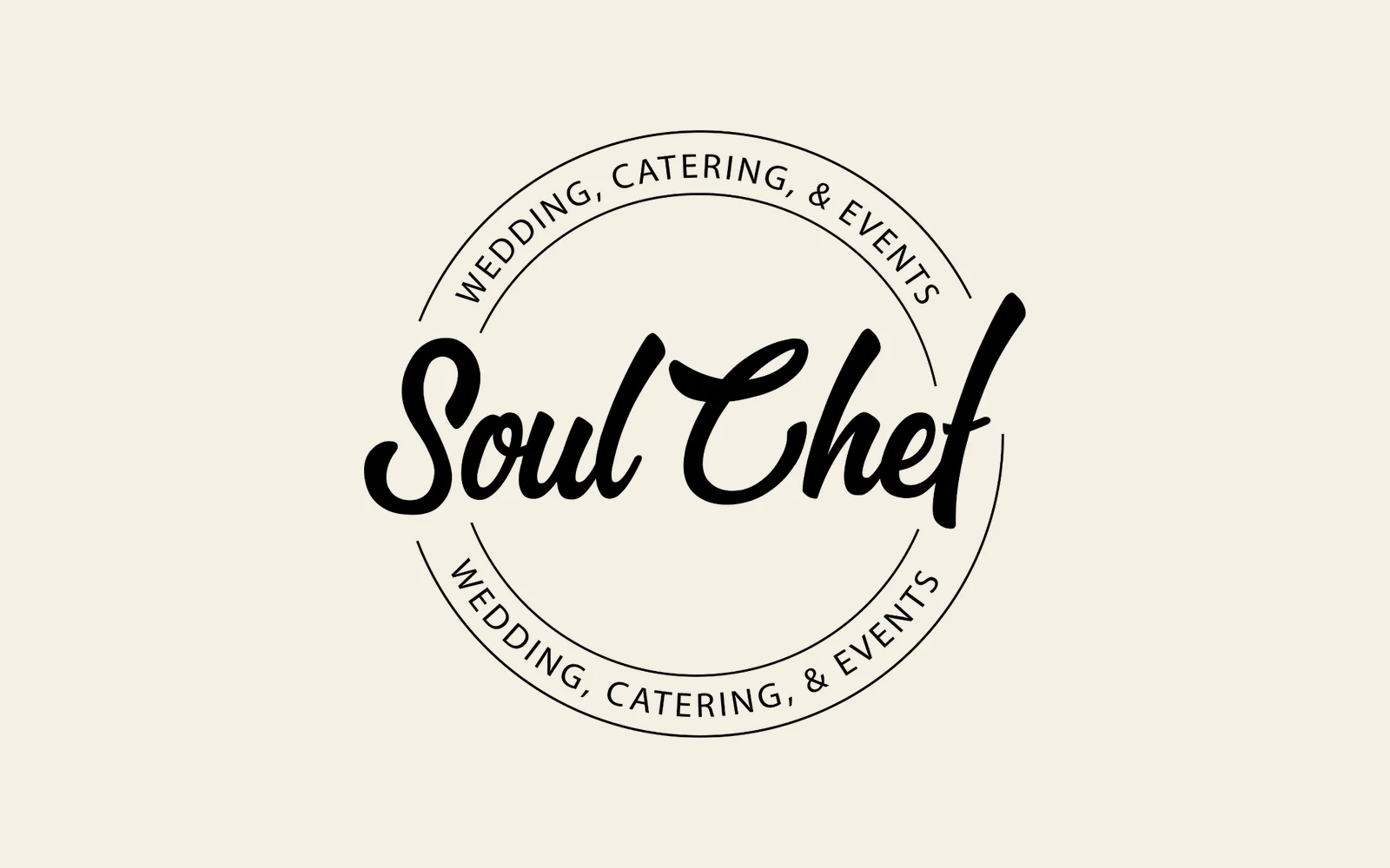 The SoulChef logo designed by Branditify: Soul Chef in black script inside a ring reading Wedding, Catering, & Events, on ivory