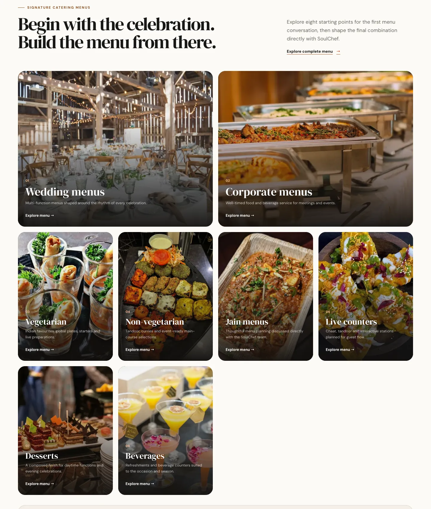 The SoulChef menu section, Begin with the celebration: cards for wedding, corporate, vegetarian, non-vegetarian, Jain, live-counter and dessert menus