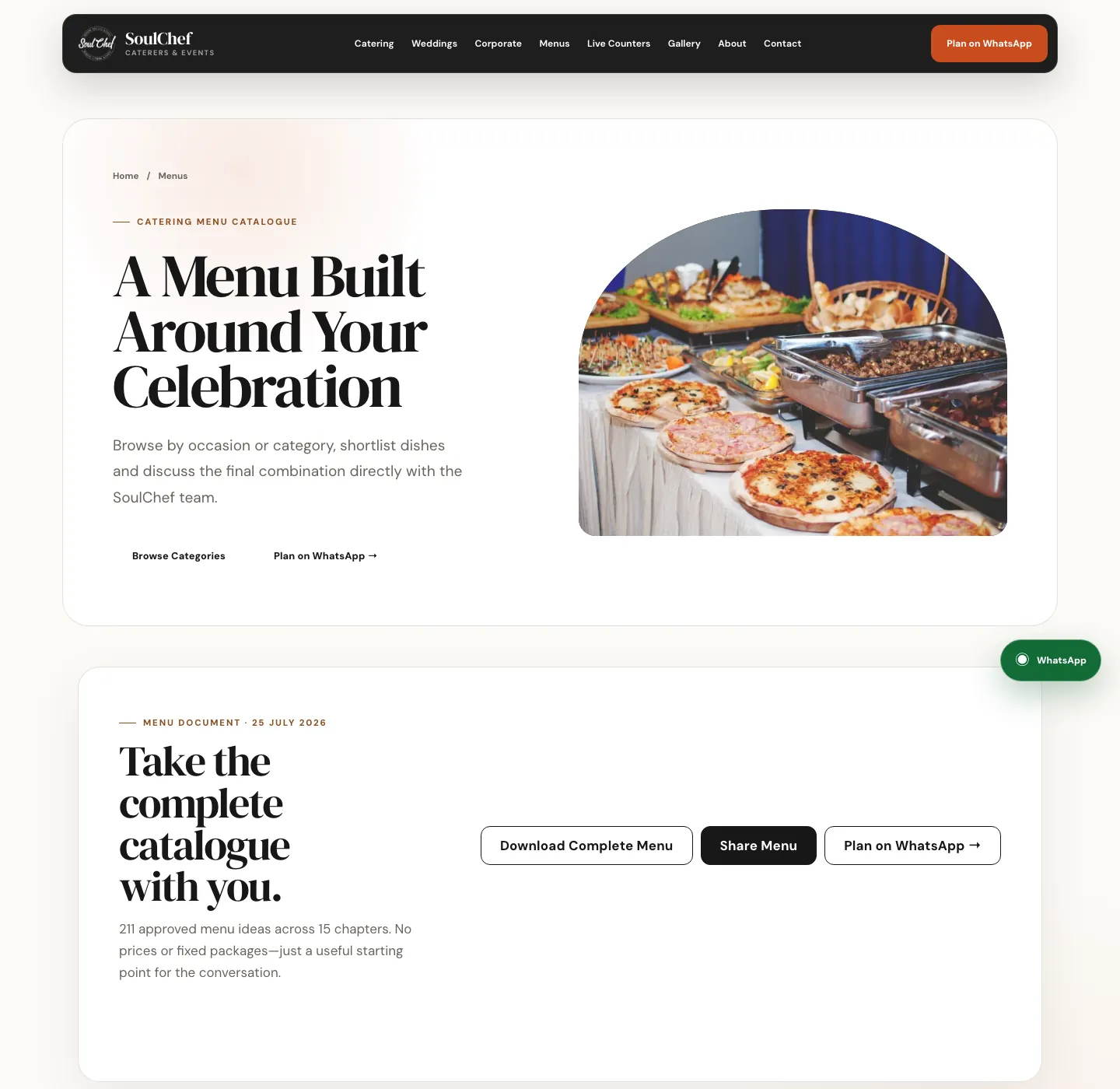 The SoulChef menus page: A Menu Built Around Your Celebration, above a card with Download Complete Menu, Share Menu and Plan on WhatsApp buttons