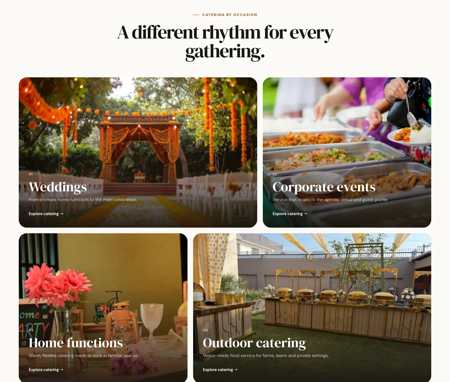 The SoulChef occasions section, A different rhythm for every gathering: photo cards for weddings, corporate events, home functions and outdoor catering