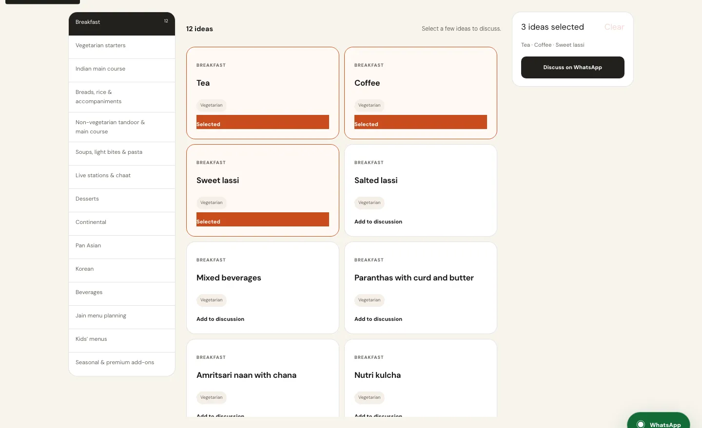 The SoulChef menu browser: breakfast dishes as cards, three marked Selected, and a tray reading 3 ideas selected with a Discuss on WhatsApp button