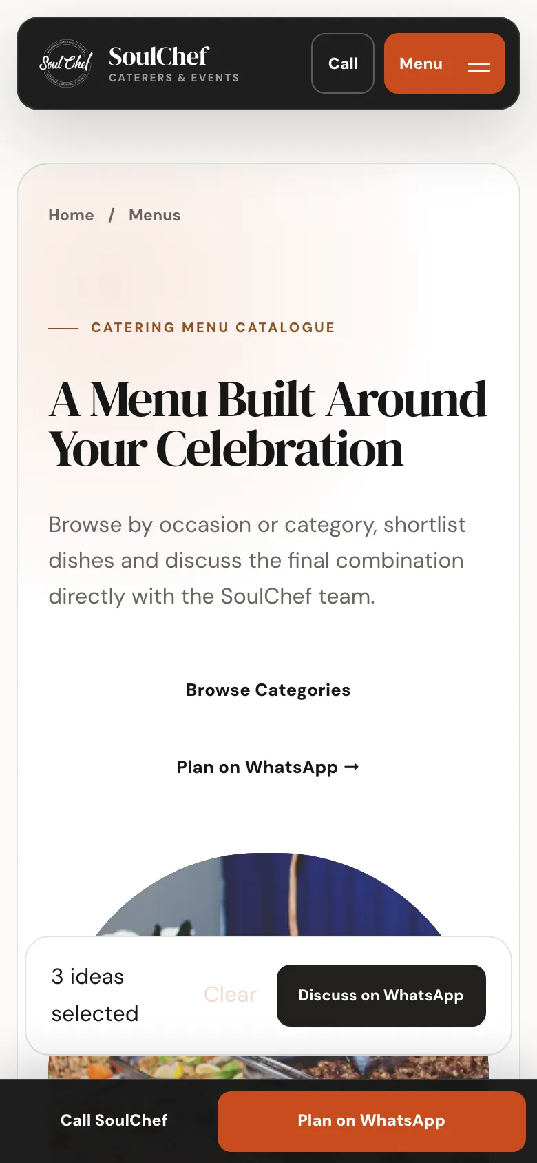 The SoulChef menus page on a phone: a tray reading 3 ideas selected with Discuss on WhatsApp, above the call and WhatsApp bar
