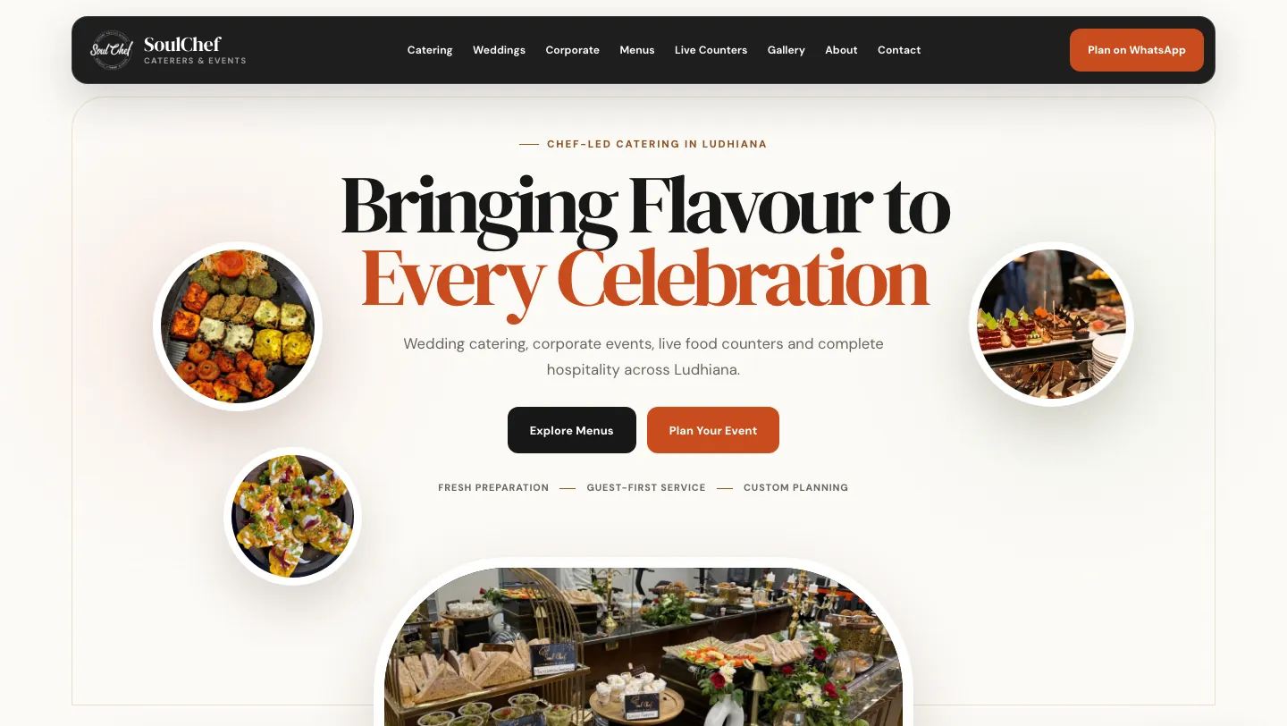 The SoulChef home page: Bringing Flavour to Every Celebration, with Explore Menus and Plan Your Event buttons among round food photographs