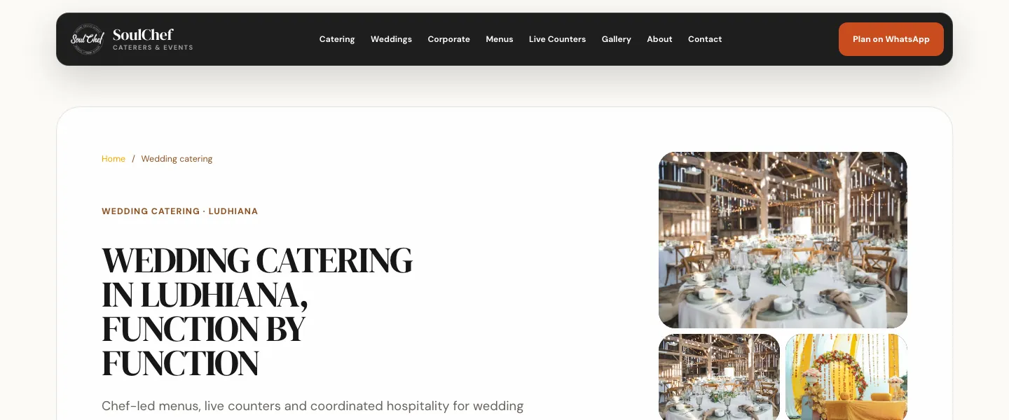 The SoulChef wedding catering page: Wedding catering in Ludhiana, function by function, beside three wedding photographs
