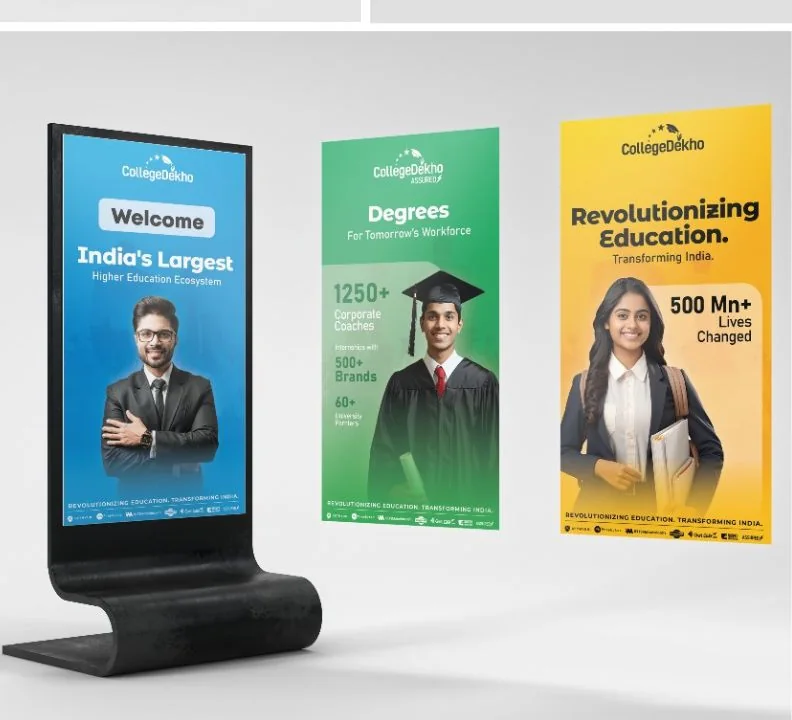 Three CollegeDekho standees in one series, in blue, green and yellow, each with a student or graduate
