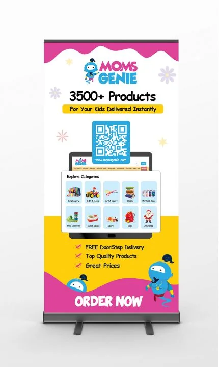A MomsGenie roll-up standee: the logo, a QR code, product categories and an Order now button