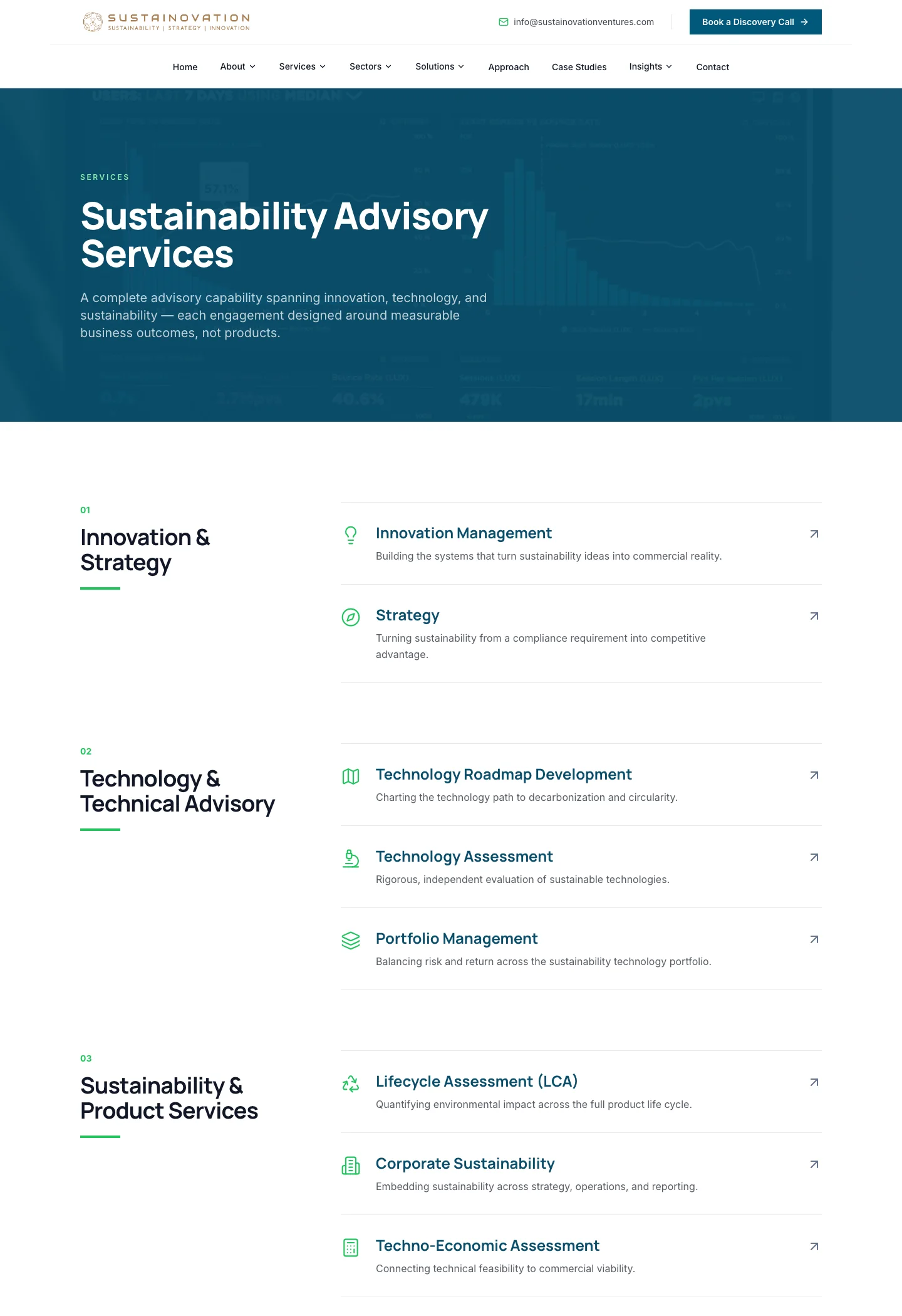 The Sustainovation services page: eight advisory services in three numbered groups, from innovation management to techno-economic assessment