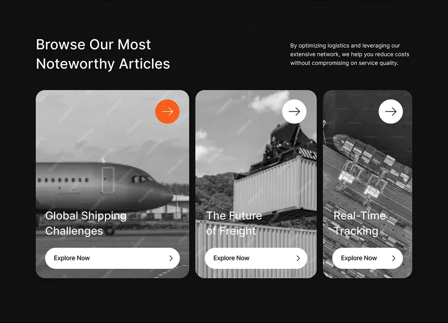 Swift Logix dark articles band: Browse Our Most Noteworthy Articles, with three cards on shipping topics and Explore Now buttons
