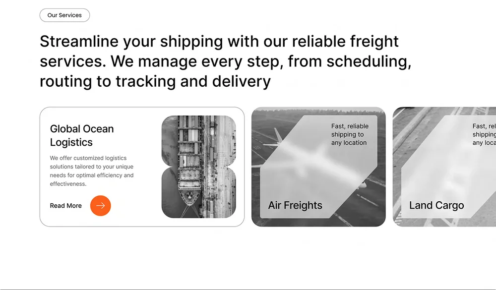 Swift Logix services section: a line on freight services and cards for Global Ocean Logistics, Air Freights and Land Cargo