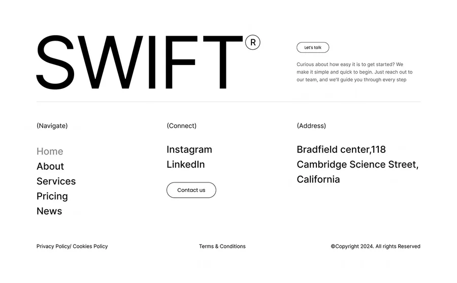 Swift Logix footer: a giant SWIFT wordmark, a Let’s talk prompt, navigation, social links and a contact button