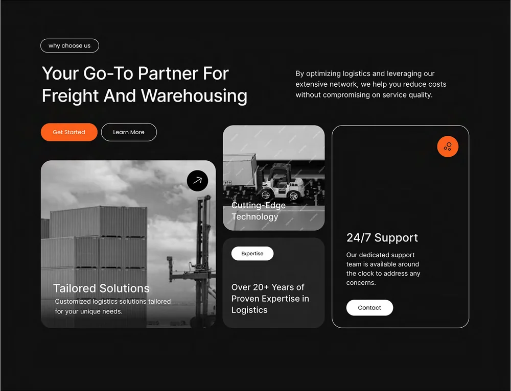 Swift Logix dark band headed Your Go-To Partner For Freight And Warehousing, with cards on tailored solutions, technology, experience and support