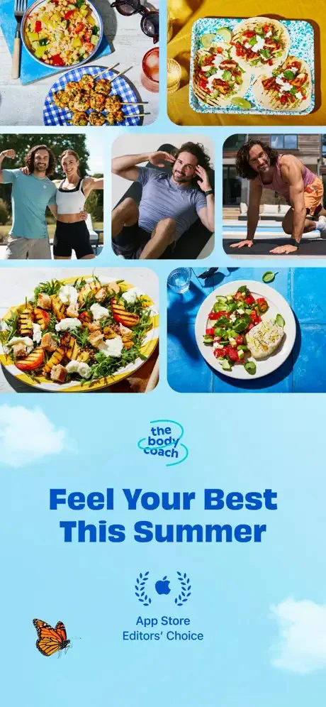 The Body Coach app’s store artwork: food bowls and trainers in a photo grid above the logo and the line Feel Your Best This Summer