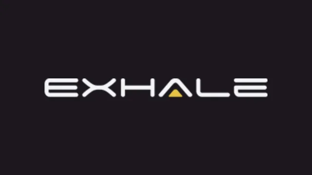 Exhale wordmark in white on black, with a yellow triangle forming the A