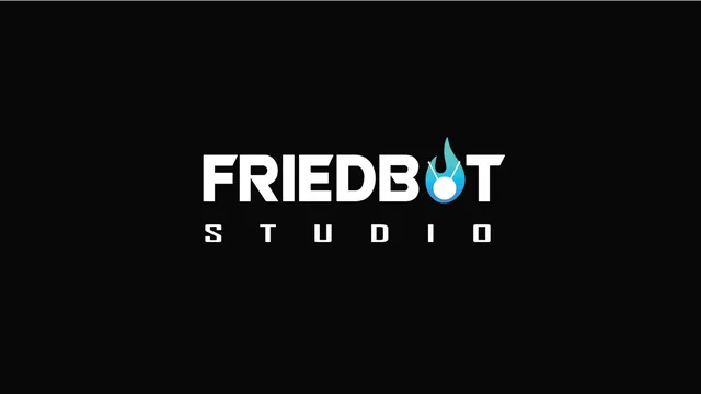 The FriedBot Studio logo: FRIEDBOT in white geometric capitals on black, with a blue flame on a node in place of the O