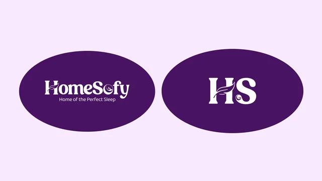 HomeSofy lockups in white on purple ovals: the wordmark with its tagline, and the HS monogram