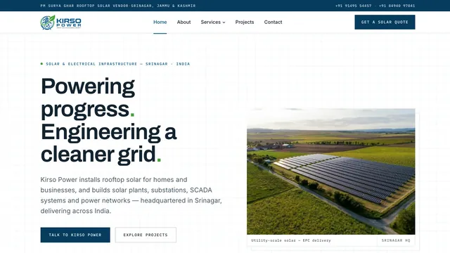 The Kirso Power home page: Powering progress, engineering a cleaner grid, beside an aerial photograph of a solar plant