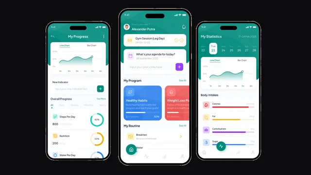 Three LeanTrack app screens: progress, today and weekly statistics