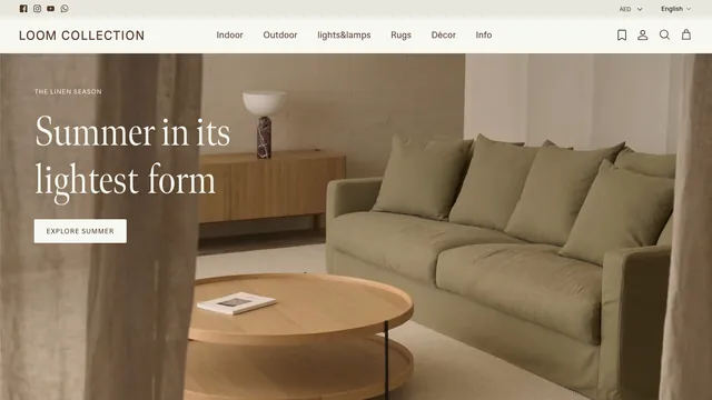 The Loom Collection home page: Summer in its lightest form, over an olive sofa and a round wooden coffee table