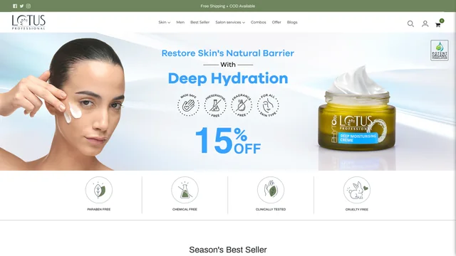 Lotus Professional home page: a Deep Hydration offer banner above a row of badges and the Season’s Best Seller heading
