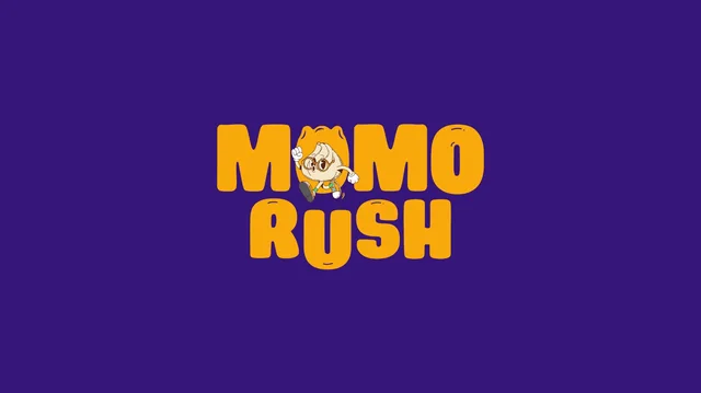 MomoRush logo: yellow lettering on purple, with a mascot in place of the first O