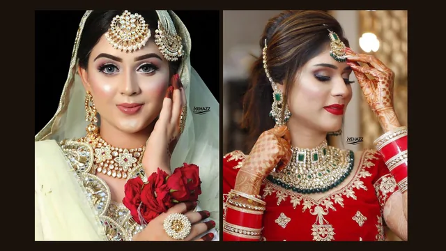 Nehaz Bridal Makeup content: two brides in gold and red jewellery, photographed close