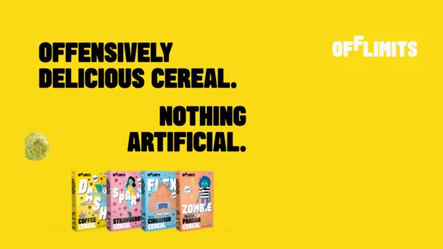 OffLimits art on yellow: the wordmark, the lines Offensively delicious cereal and Nothing artificial, and four cereal boxes