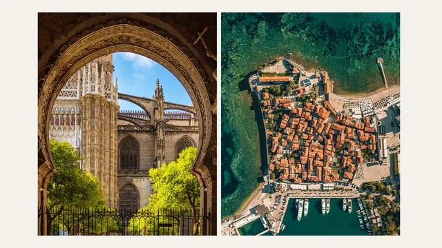 Opodo travel content: an aerial coastal old town beside a cathedral seen through a carved arch