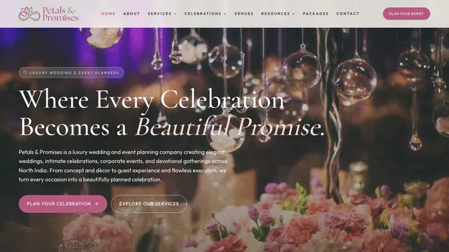 The Petals & Promises home page: Where Every Celebration Becomes a Beautiful Promise, over flowers and hanging glass lights