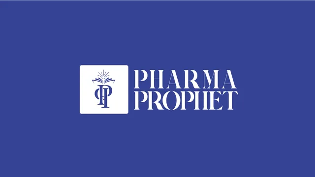The Pharma Prophet logo: the P P monogram on an open book under rays, beside the serif wordmark on navy