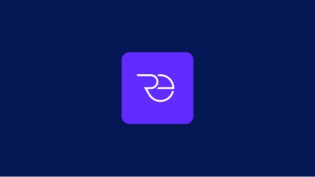 The Real Eternity symbol: a white R and E intertwined on a violet rounded square, on navy