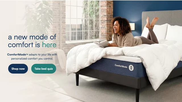 The Sleep Number home page: a smart bed beside the line a new mode of comfort is here, with Shop now and Take bed quiz