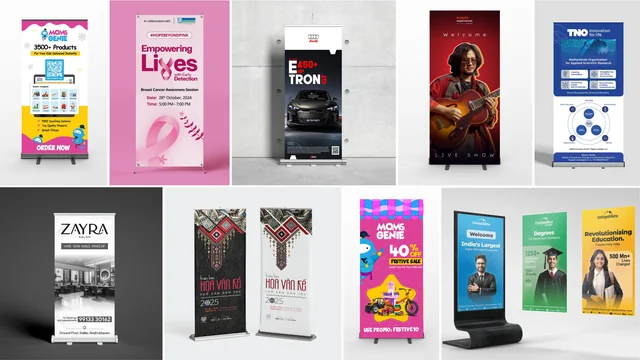A wall of roll-up standee designs for kids’ shopping, an awareness session, a car, a salon, a sale and education
