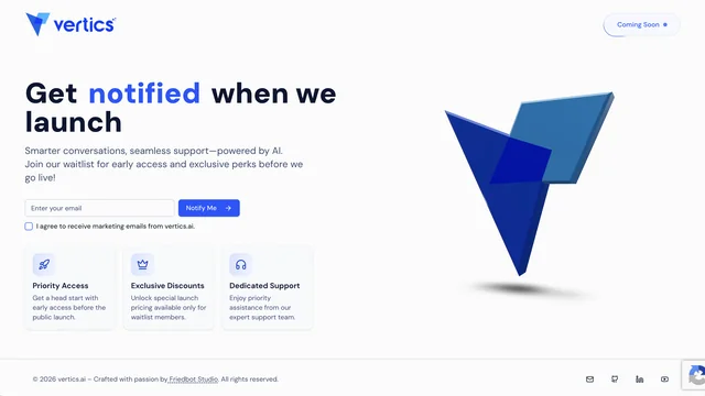 Vertics coming-soon page: a waitlist sign-up headed Get notified when we launch, beside the Vertics mark