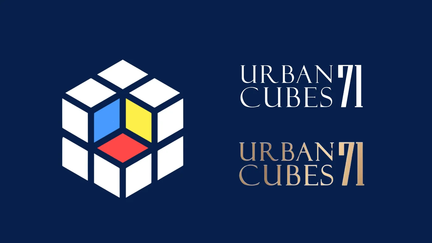The Urban Cubes 71 identity on navy: a cube of white blocks with blue, yellow and red inside, beside the URBAN CUBES 71 wordmark in white and in gold