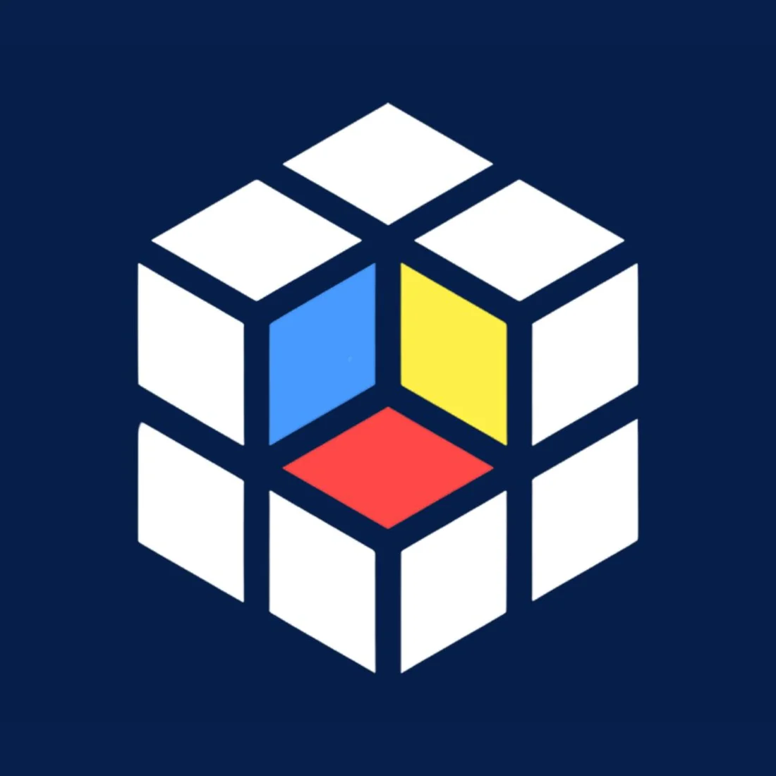 The Urban Cubes 71 cube mark: white blocks joined into one cube, one corner taken out to show a blue wall, a yellow wall and a red floor