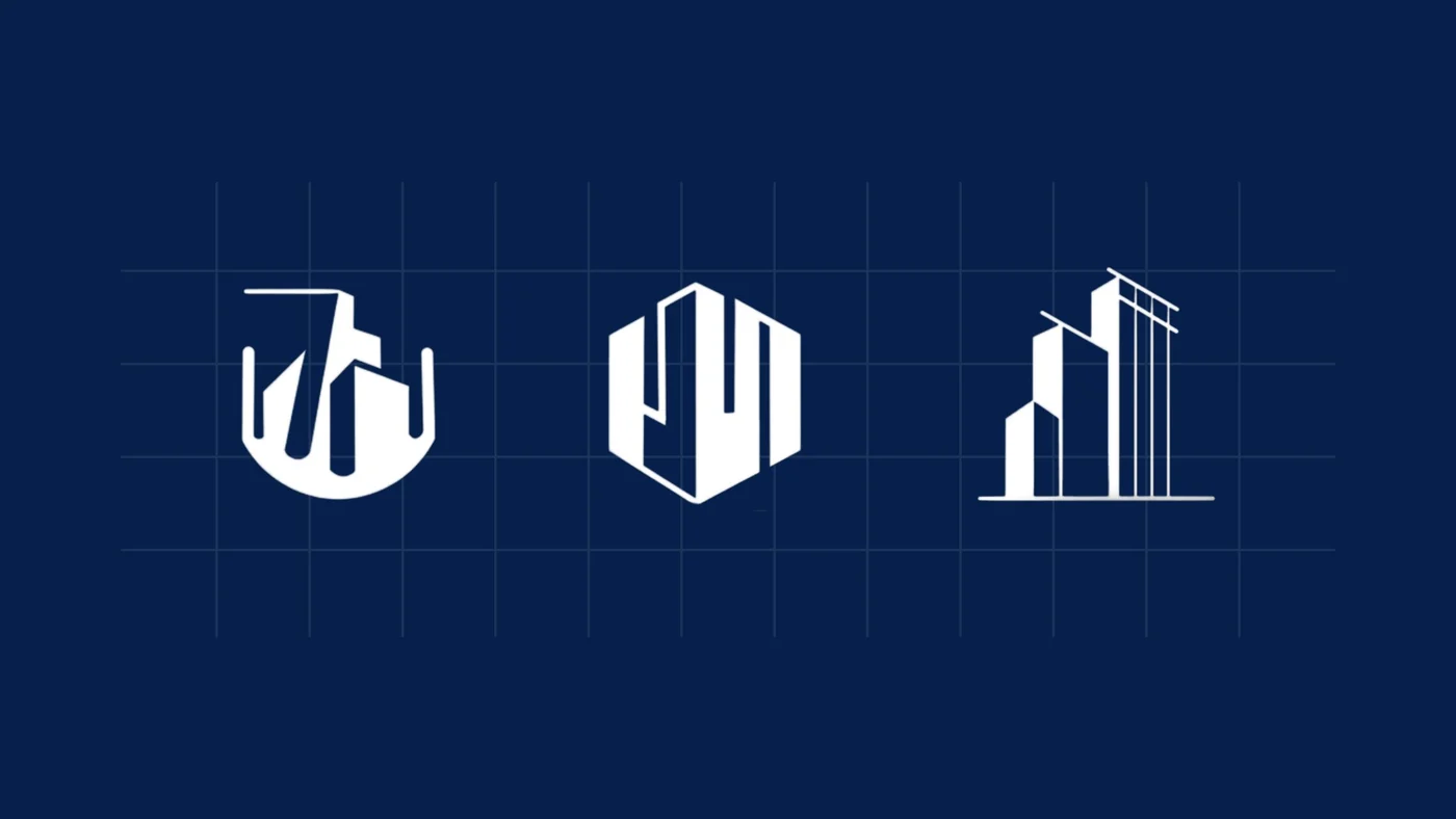 The three Urban Cubes 71 building icons drawn on a construction grid, white on navy