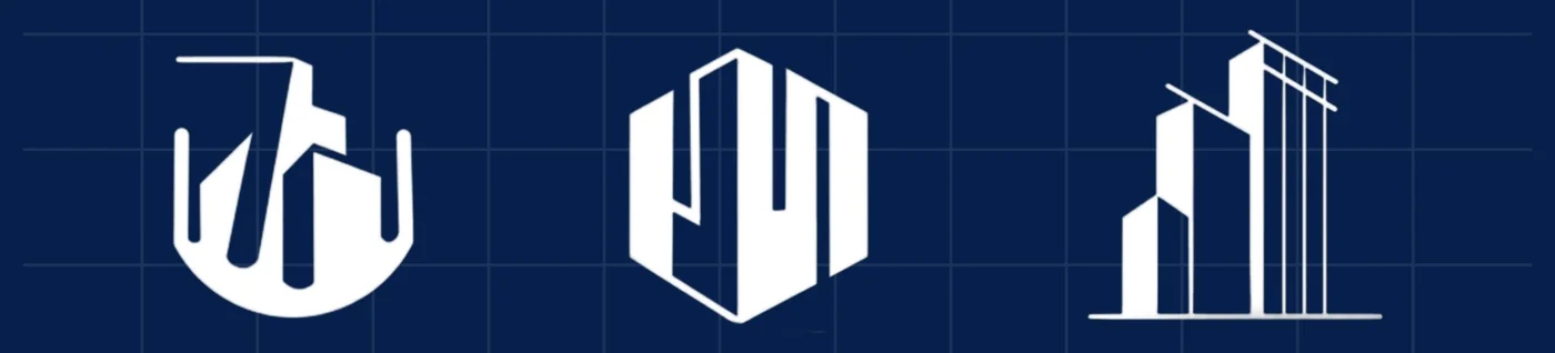 Three Urban Cubes 71 building icons in white on a navy grid: a skyline in a curved base, a faceted block and a tower drawn in lines