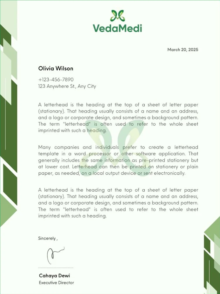 A VedaMedi letterhead mock-up: the logo at the top, the symbol as a faint watermark, and angular green bands along the edges