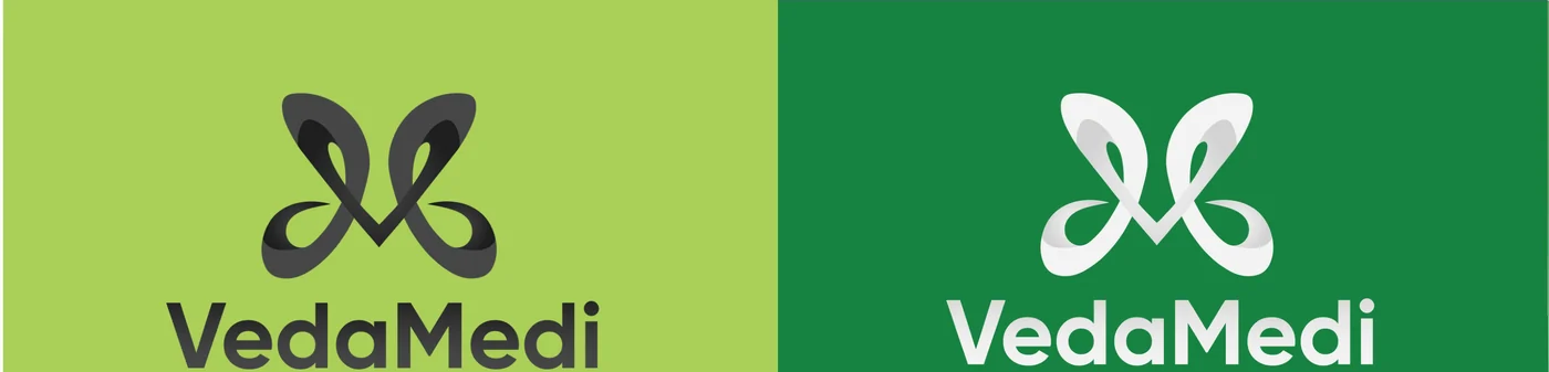Two VedaMedi logo versions: charcoal on light green, and white on the deep brand green