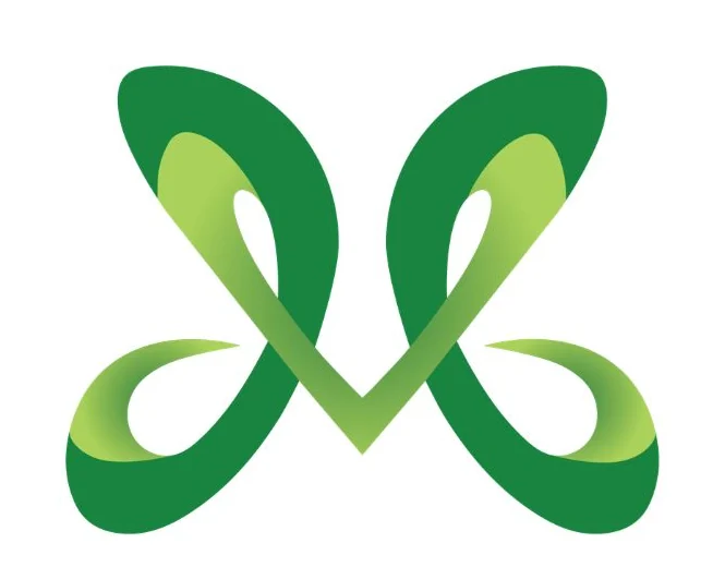 The VedaMedi symbol: the V and M merged, its two green loops opening like wings or two leaves
