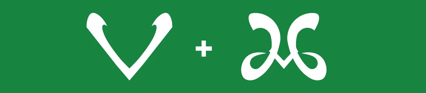 The letters V and M in white on green, drawn in the flowing line that forms the VedaMedi symbol